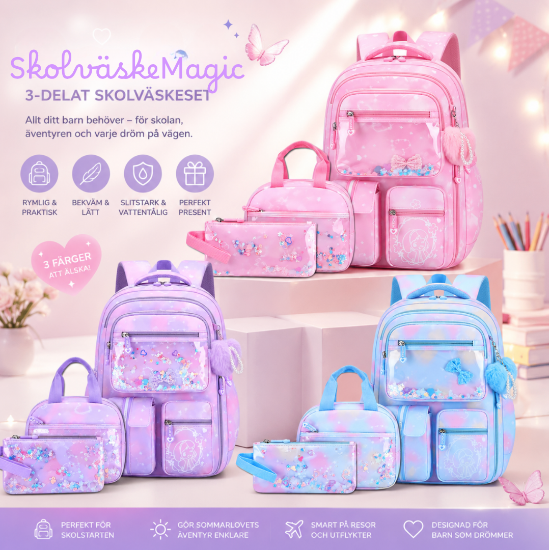SkolväskeMagic – 3-delat Skolväskeset med Glittrande Detaljer
