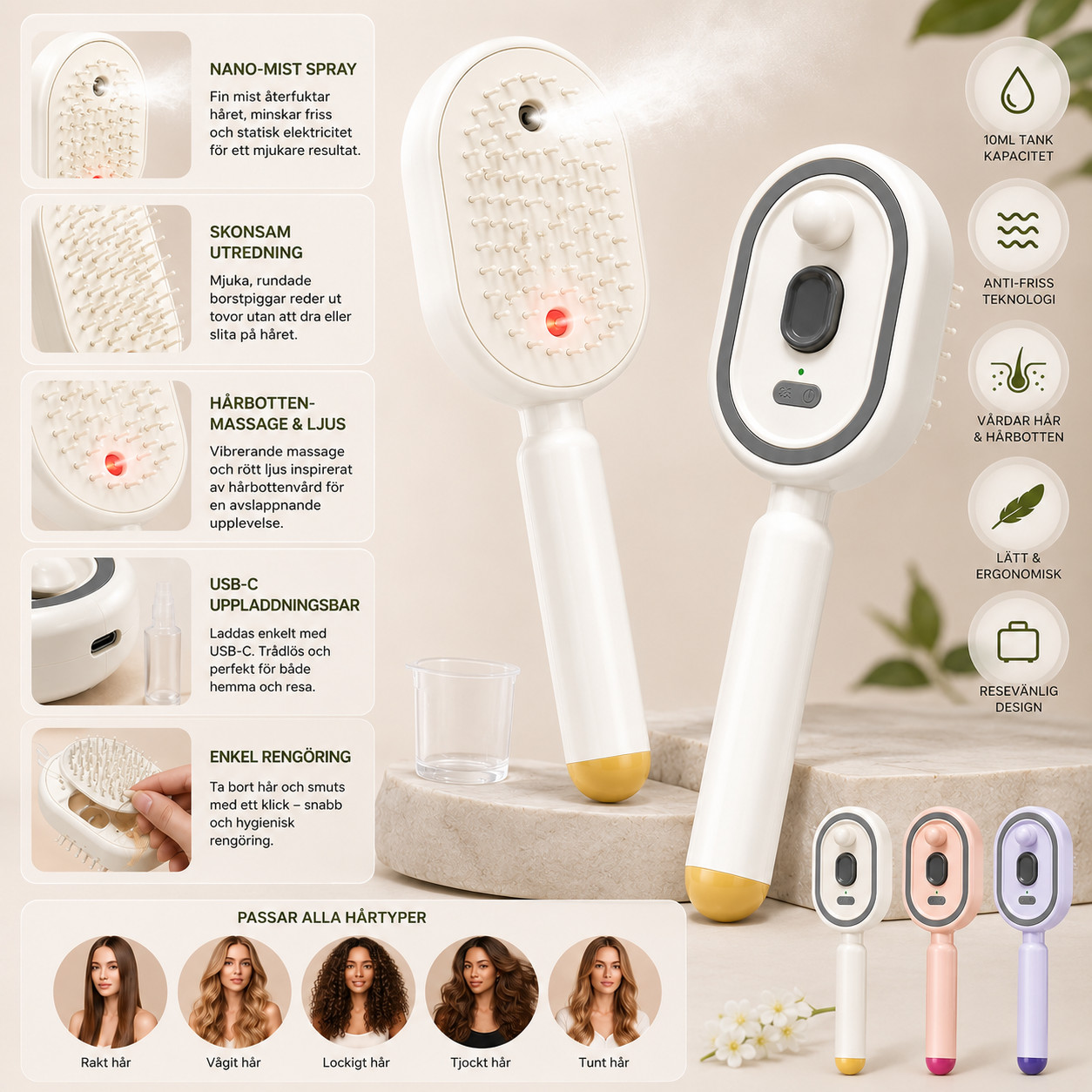 SprayBrush – Elektrisk Sprayborste med Nano-Mist, Hårbottenmassage och Anti-Friss Teknologi för Mjukare, Glansigare Hår