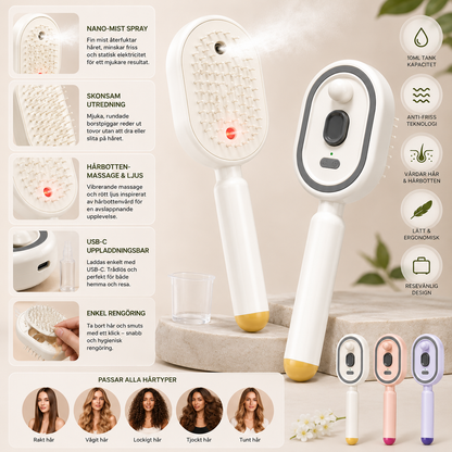 SprayBrush – Elektrisk Sprayborste med Nano-Mist, Hårbottenmassage och Anti-Friss Teknologi för Mjukare, Glansigare Hår