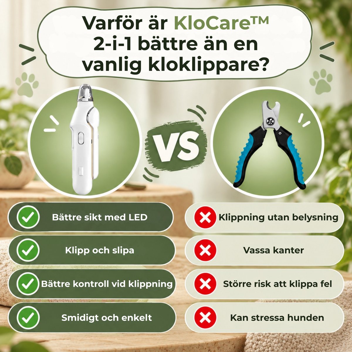 KloCare™ – 2-i-1 Klotrimmer med LED-ljus för Hund & Katt