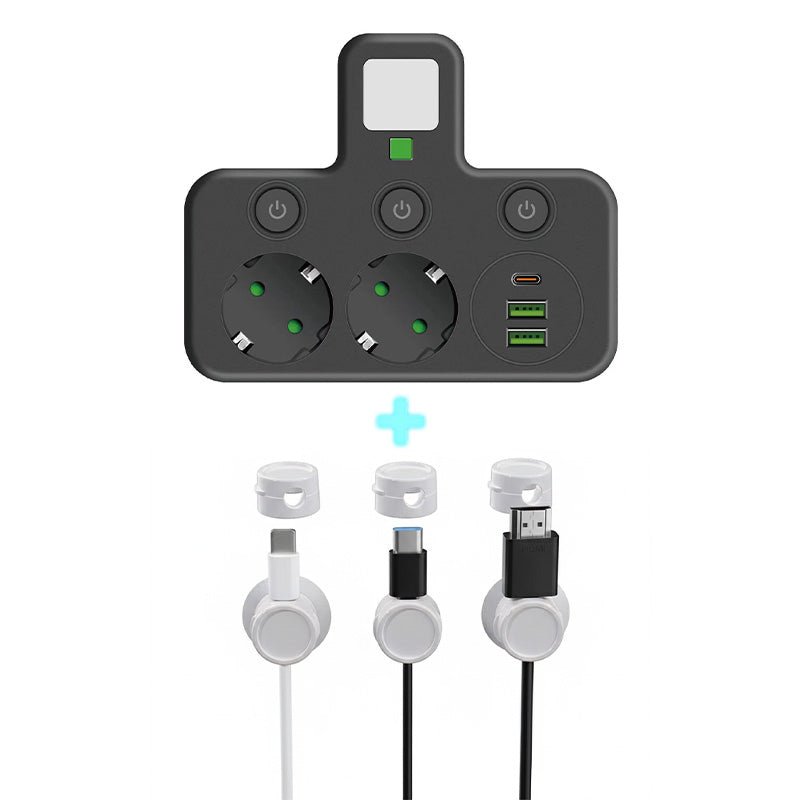 Stockholm™ - EU-adapter med 4 uttag, vägguttag med flera portar, separat strömbrytare och liten nattlampsadapter