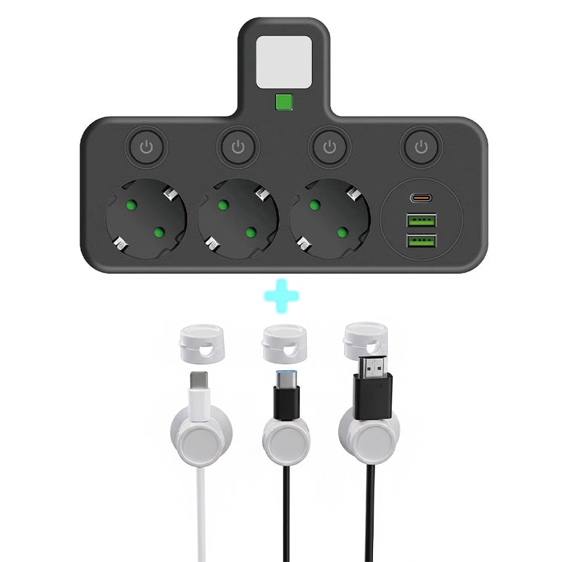 Stockholm™ - EU-adapter med 4 uttag, vägguttag med flera portar, separat strömbrytare och liten nattlampsadapter