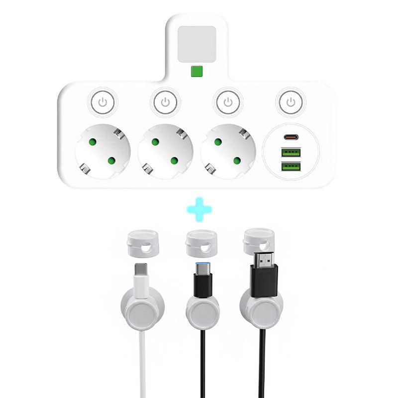 Stockholm™ - EU-adapter med 4 uttag, vägguttag med flera portar, separat strömbrytare och liten nattlampsadapter