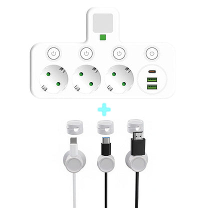 Stockholm™ - EU-adapter med 4 uttag, vägguttag med flera portar, separat strömbrytare och liten nattlampsadapter