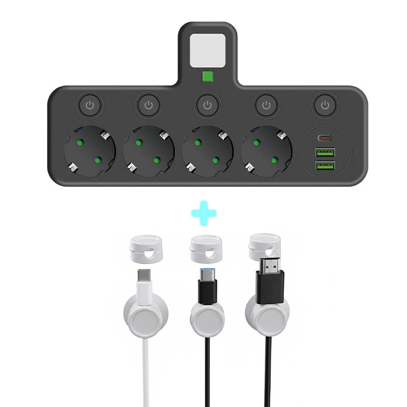 Stockholm™ - EU-adapter med 4 uttag, vägguttag med flera portar, separat strömbrytare och liten nattlampsadapter
