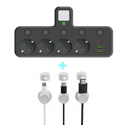 Stockholm™ - EU-adapter med 4 uttag, vägguttag med flera portar, separat strömbrytare och liten nattlampsadapter