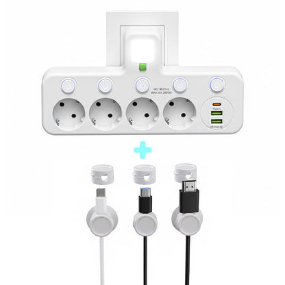 Stockholm™ - EU-adapter med 4 uttag, vägguttag med flera portar, separat strömbrytare och liten nattlampsadapter