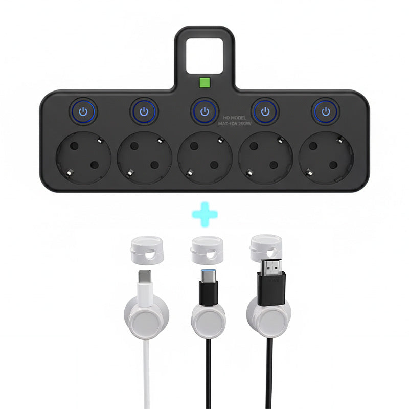 Stockholm™ - EU-adapter med 4 uttag, vägguttag med flera portar, separat strömbrytare och liten nattlampsadapter