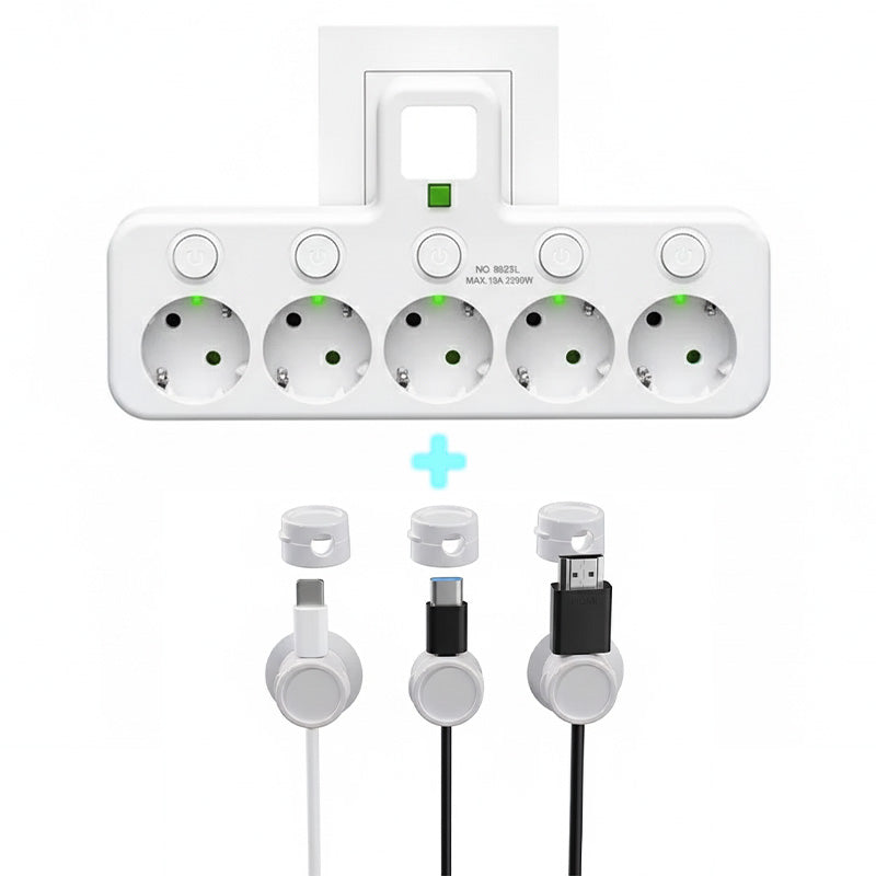 Stockholm™ - EU-adapter med 4 uttag, vägguttag med flera portar, separat strömbrytare och liten nattlampsadapter