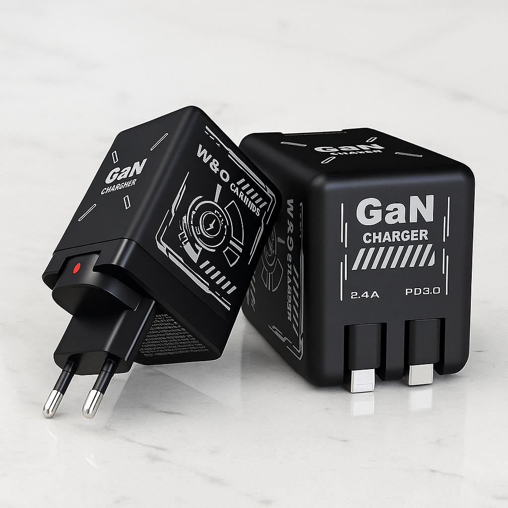 Duo charger 2.0 - Kompakt GaN Snabbladdare med Inbyggda Utdragbara Kablar för USB-C & Lightning