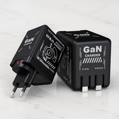 Duo charger 2.0 - Kompakt GaN Snabbladdare med Inbyggda Utdragbara Kablar för USB-C & Lightning