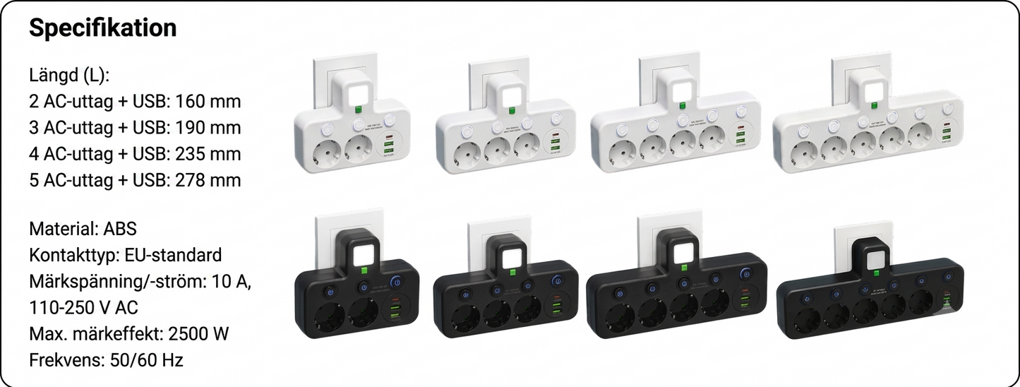 Stockholm™ - EU-adapter med 4 uttag, vägguttag med flera portar, separat strömbrytare och liten nattlampsadapter