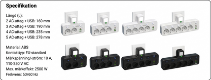 Stockholm™ - EU-adapter med 4 uttag, vägguttag med flera portar, separat strömbrytare och liten nattlampsadapter