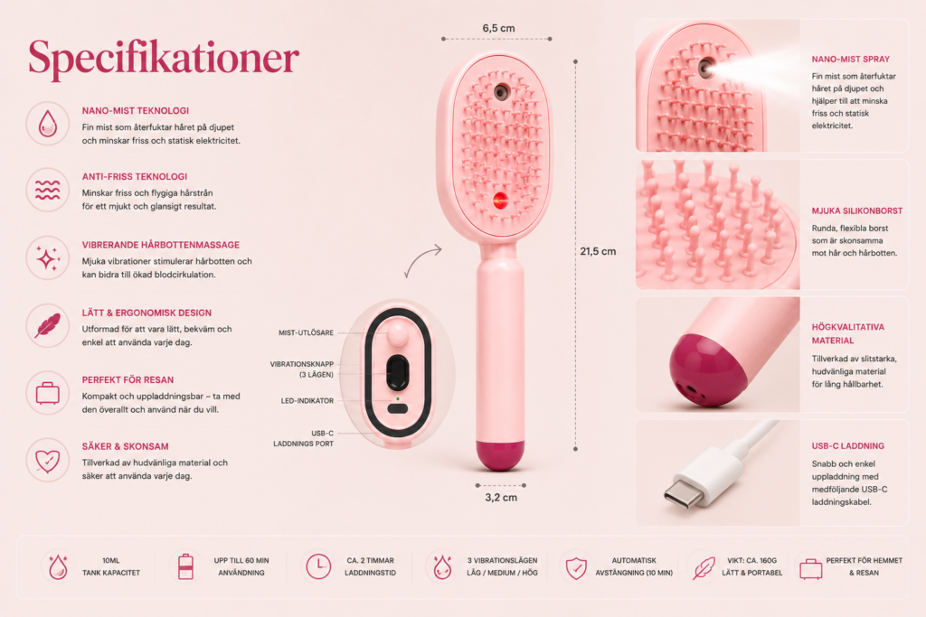 SprayBrush – Elektrisk Sprayborste med Nano-Mist, Hårbottenmassage och Anti-Friss Teknologi för Mjukare, Glansigare Hår