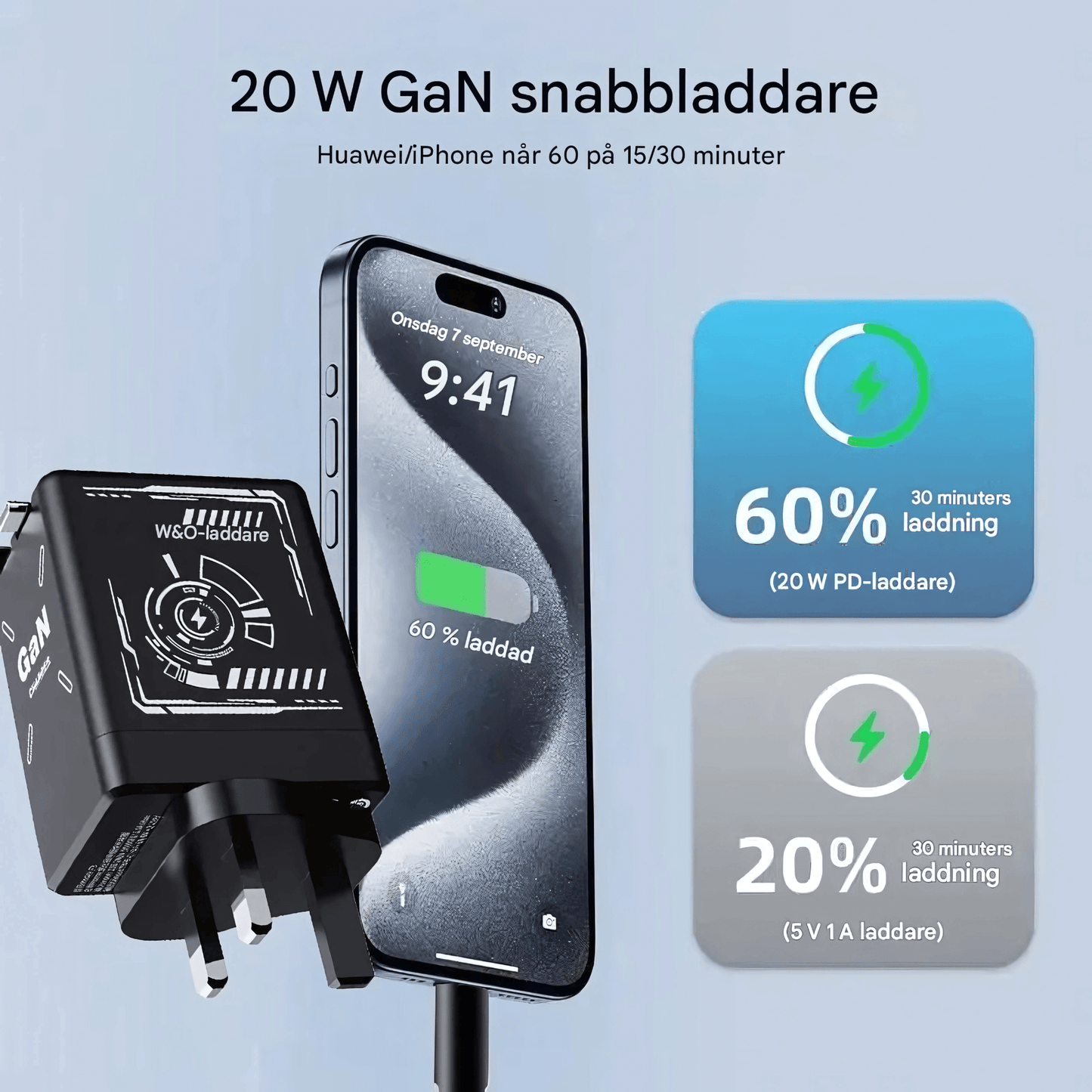 Duo charger 2.0 - Kompakt GaN Snabbladdare med Inbyggda Utdragbara Kablar för USB-C & Lightning