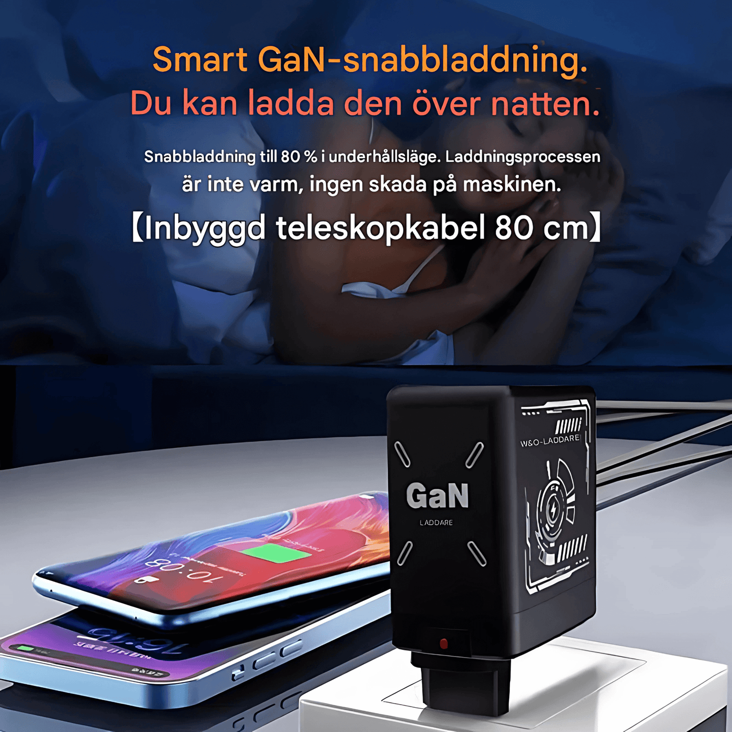 Duo charger 2.0 - Kompakt GaN Snabbladdare med Inbyggda Utdragbara Kablar för USB-C & Lightning