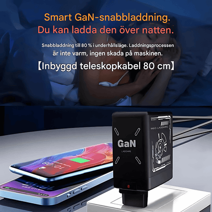 Duo charger 2.0 - Kompakt GaN Snabbladdare med Inbyggda Utdragbara Kablar för USB-C & Lightning