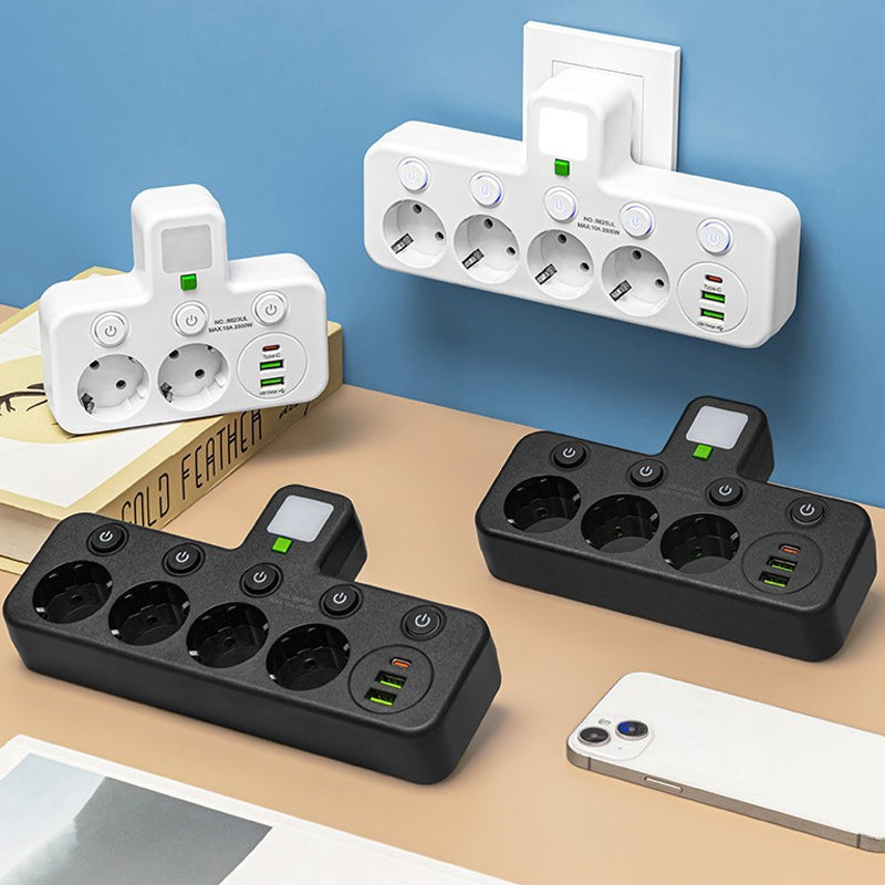 Stockholm™ - EU-adapter med 4 uttag, vägguttag med flera portar, separat strömbrytare och liten nattlampsadapter