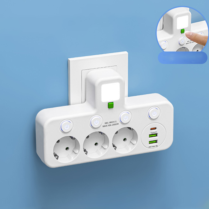 Stockholm™ - EU-adapter med 4 uttag, vägguttag med flera portar, separat strömbrytare och liten nattlampsadapter