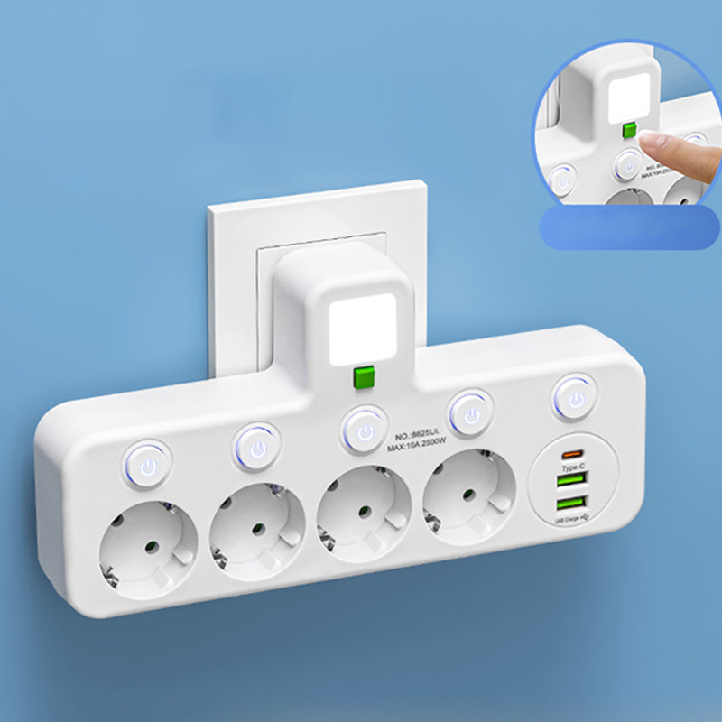 Stockholm™ - EU-adapter med 4 uttag, vägguttag med flera portar, separat strömbrytare och liten nattlampsadapter