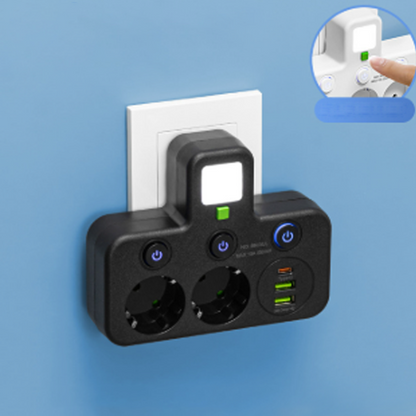 Stockholm™ - EU-adapter med 4 uttag, vägguttag med flera portar, separat strömbrytare och liten nattlampsadapter