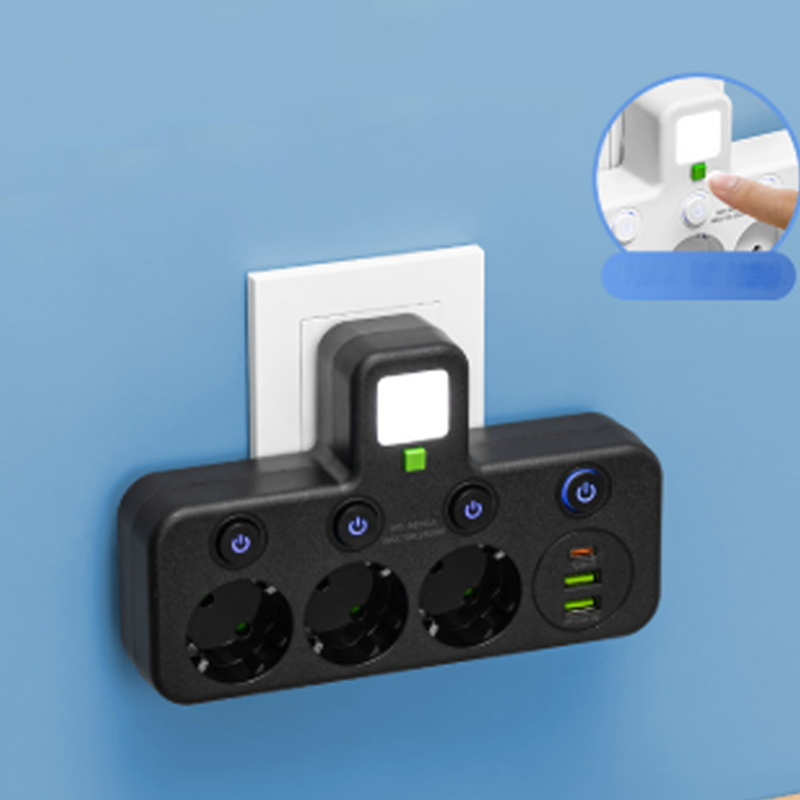 Stockholm™ - EU-adapter med 4 uttag, vägguttag med flera portar, separat strömbrytare och liten nattlampsadapter