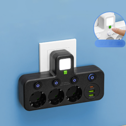 Stockholm™ - EU-adapter med 4 uttag, vägguttag med flera portar, separat strömbrytare och liten nattlampsadapter