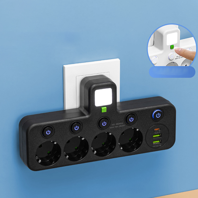 Stockholm™ - EU-adapter med 4 uttag, vägguttag med flera portar, separat strömbrytare och liten nattlampsadapter